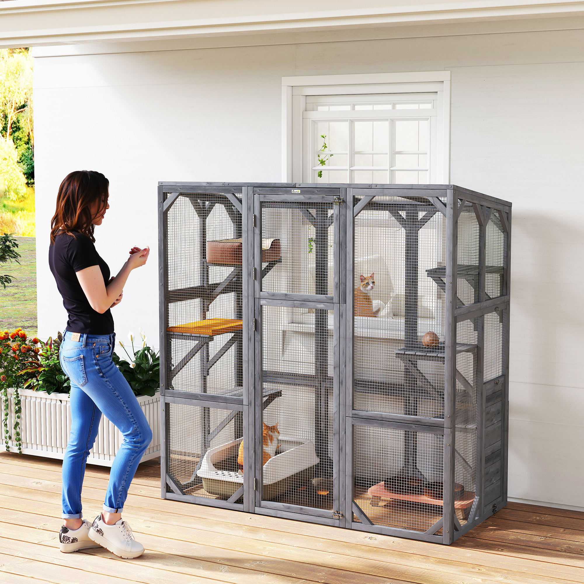 Catio Exterior Grande de Madera con 6 Plataformas Saltarinas, Techo Resistentes al Tiempo, para 1-3 Gatos, 59" x 28" x 60", Gris — imagen 5