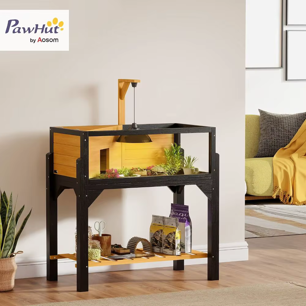 Tortoise Habitat w/Storage Shel, Clear Windows, Lamp Holder Yellow | Wooden Tortoise Enclosure, Openable Top, Built-in Tray, Rep — image 2