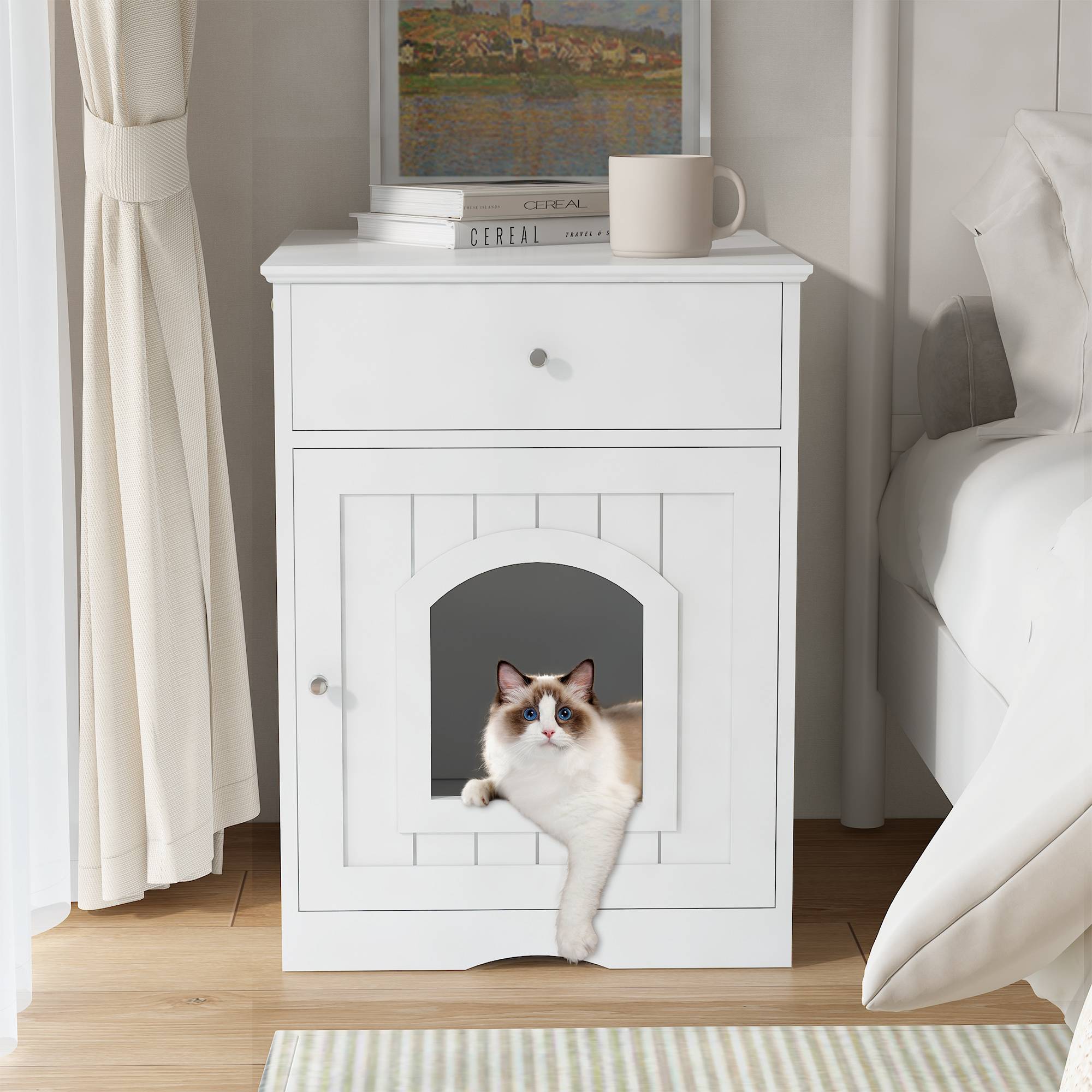 Wooden Pet House Cat Litter Box Enclosure With Drawer Side Table Cat Home Nightstand — image 6