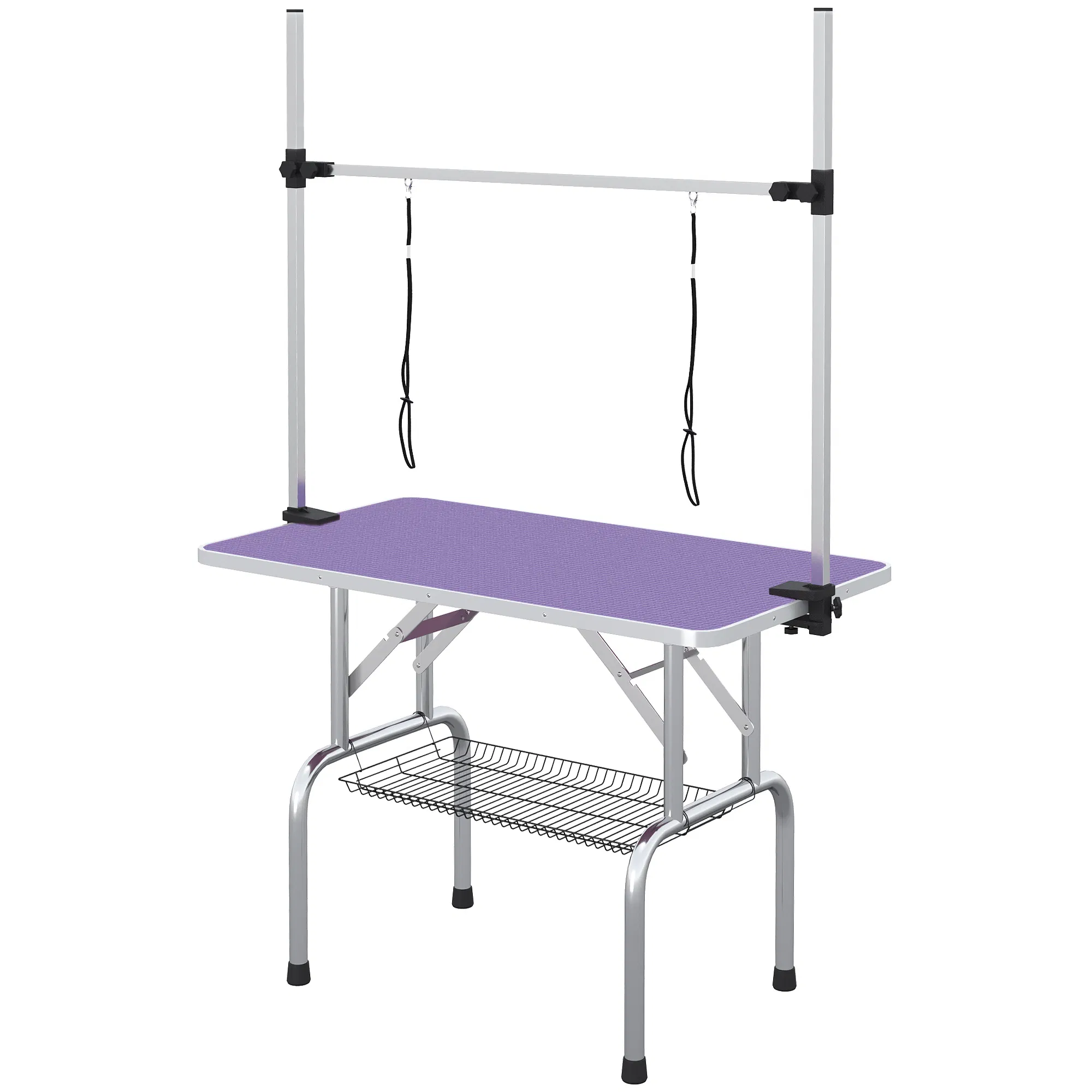 Adjustable Dog Grooming Table with 2 Safety Slings, Storage Basket, Purple — image 1