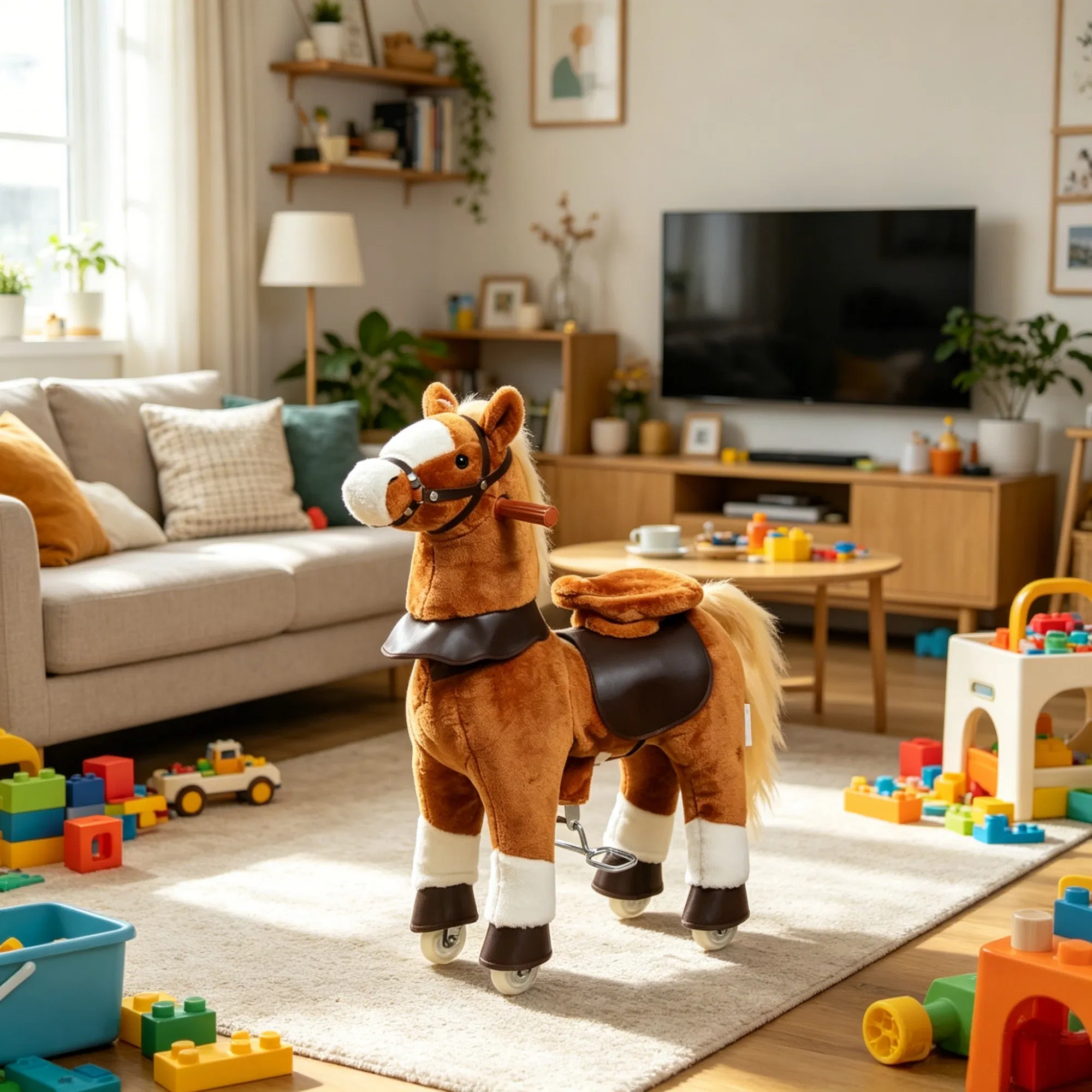 Kids Riding Pony Ride on Horse Toy for Outdoor Activity, Wheels & Neighing Sounds 3-5 Years — imagen 5