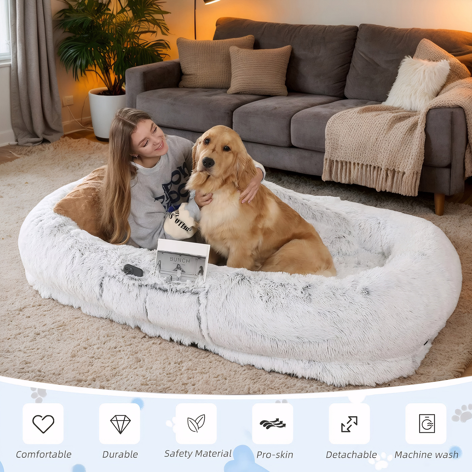 Cama para Humanos y Mascotas, Felpa Sintética Lavable para Descansar Juntos, Colchón Ortopédico de 71''x45''x14'', Perfecto para Tú y Tu Compañero (Gris) - Cobijas y Almohadas NO INCLUIDAS — imagen 2