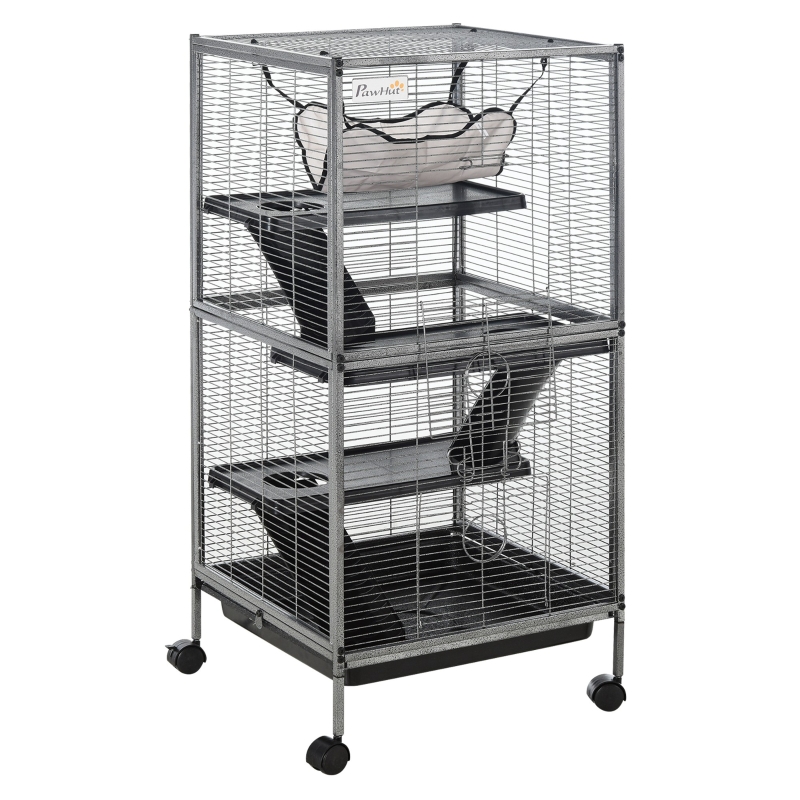 Metal Small Animal Cage Rolling Big Ferret Cage, Chinchilla Cage, Sugar Glider Cage, With Hammock & 4 Tiers, Removable Tray, Gray — image 1
