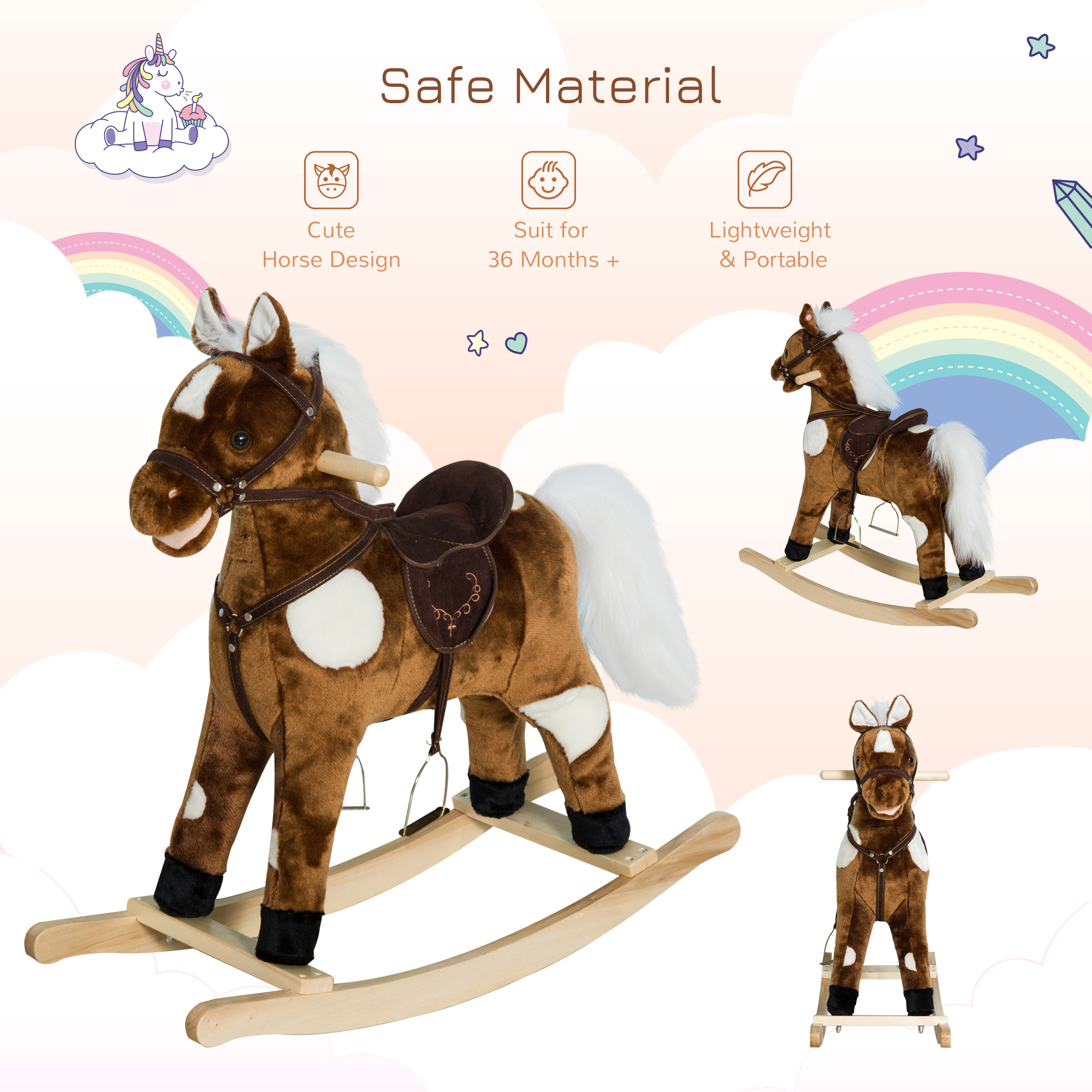 Kids Metal Plush Ride-On Rocking Horse Chair Toy With Nursery Rhyme Music - Dark Brown — imagen 4