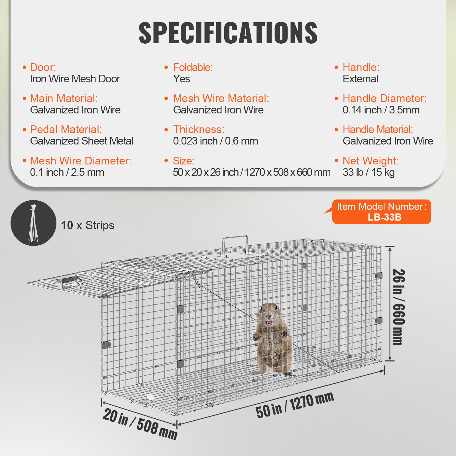 VEVOR Live Animal Cage Trap, Humane Cat Trap Galvanized Iron, Folding Animal Trap With Handle For Stray Dogs, Armadillos, Raccoons, Marmots, Foxes — imagen 7