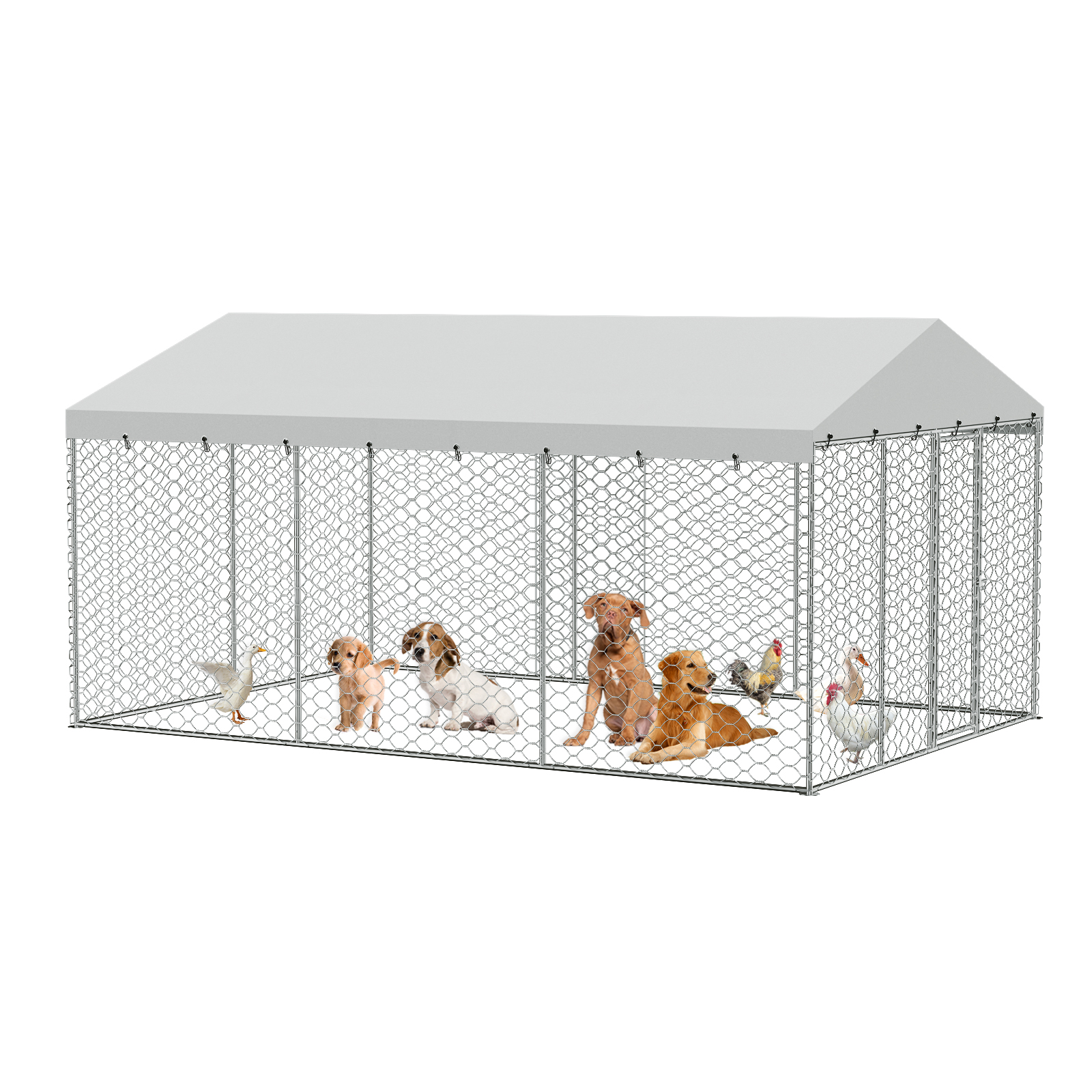 Casa de Perro Exterior Grande con Techo, Estructura de Acero Galvanizado Resistente, Cubierta Impermeable, Protección para Todo Clima, Jaula Segura para Perros Grandes, Multiple Animales — imagen 8