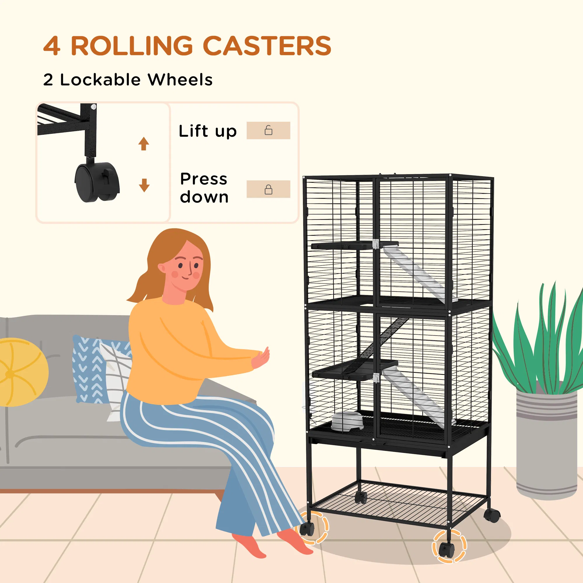 Rolling Small Animal Cage 53.5"H Chinchilla Cage for Ferrets, Squirrels w/ Removable Tray, Storage Shelf, Black — image 6