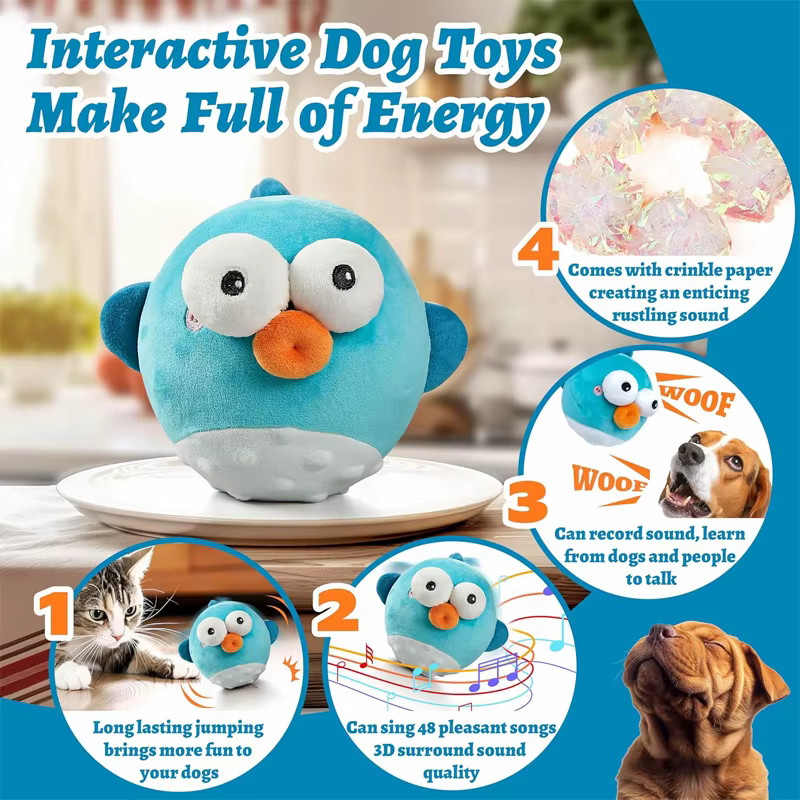 Pet Cat Dog Toy, Rechargeable Crinkle Chew Interactive Squeaky Toy with Jumping Music Moving Ball, Small Medium Large Breed Puppy — image 3