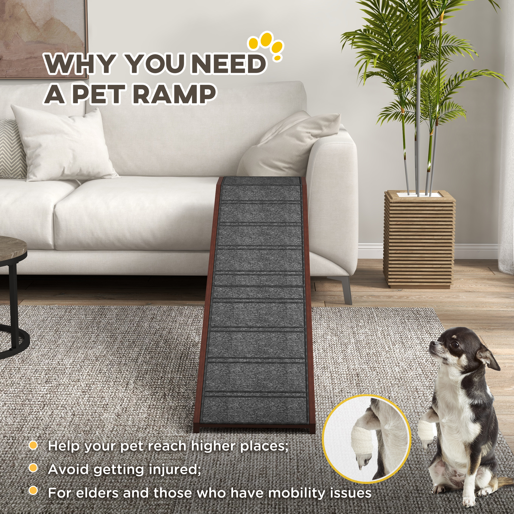 Dog Ramp For Bed, Pet Ramp For Dogs With Non-Slip Carpet And Top Platform, 74" X 16" X 25", Brown — imagen 5