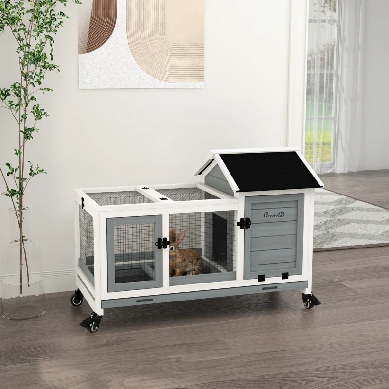 Wooden Rabbit Hutch With Wheels, Run, Slide-out Tray For Small Animals, Guinea Pig, Blue — imagen 14