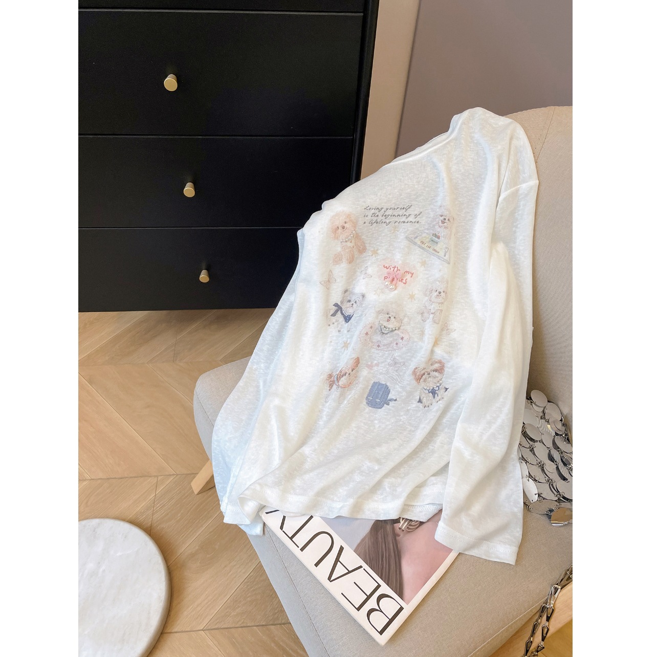 Women's Polyester Summer Lightweight Tee with Beaded Dog Pattern, Sun Protection Cover-up — image 5