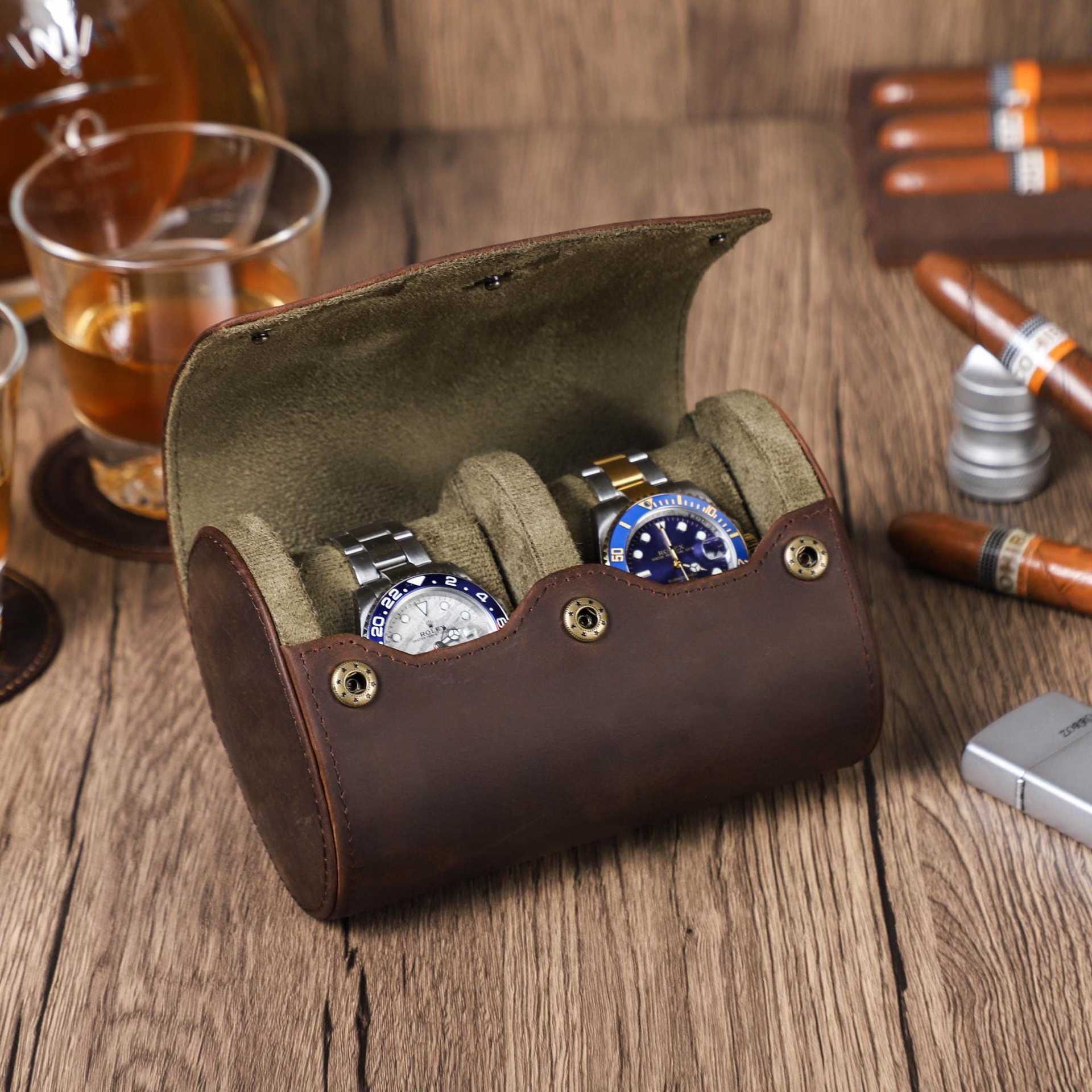 Vintage Crazy Horse Leather Mechanical Watch Box, 2-Piece Set, Handmade Portable Travel Leather Watch Case — image 1