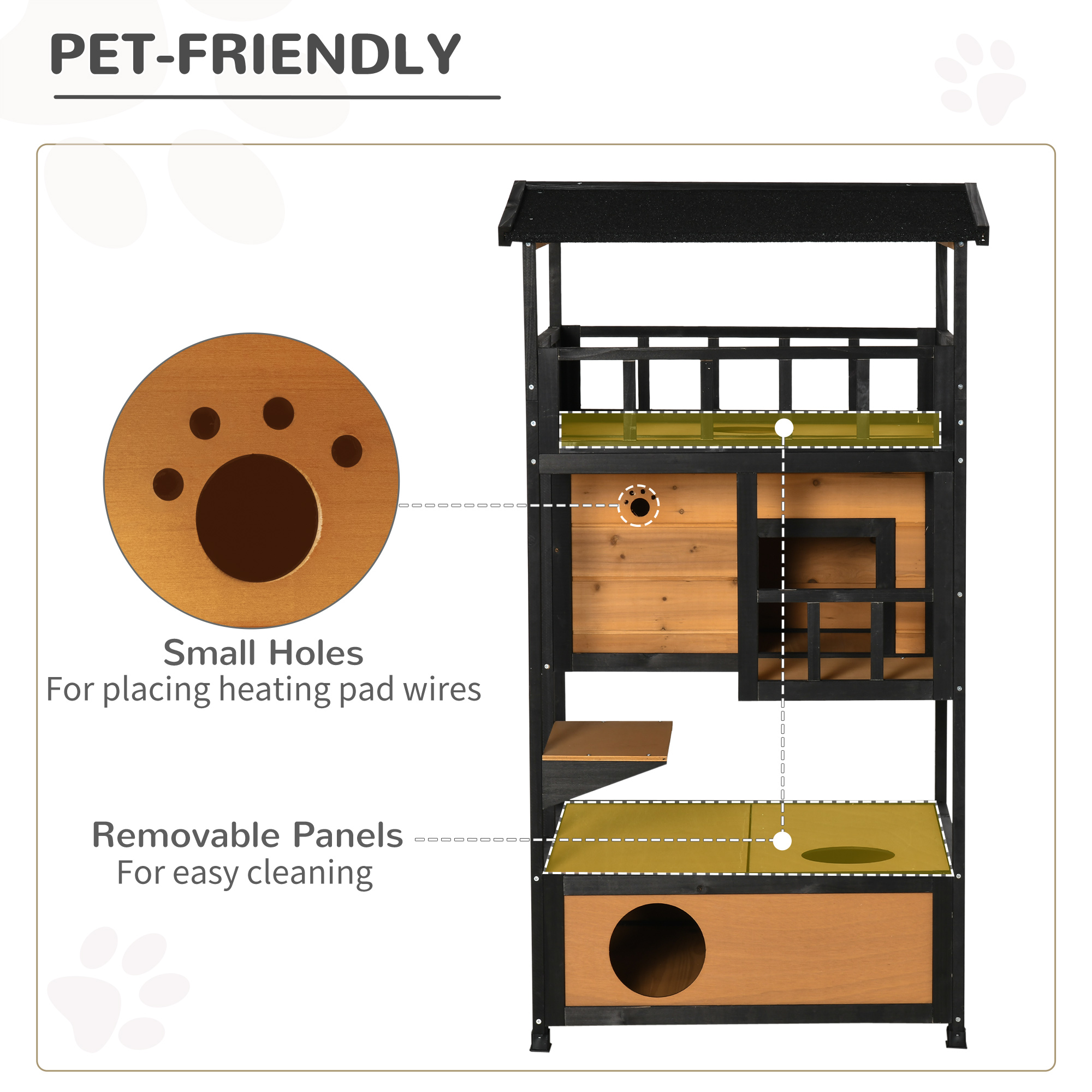 Wooden Outdoor Cat House, Feral Cat Shelter Kitten Condo with Asphalt Roof, Escape Doors, Condo, Jumping Platform, Yellow — image 7