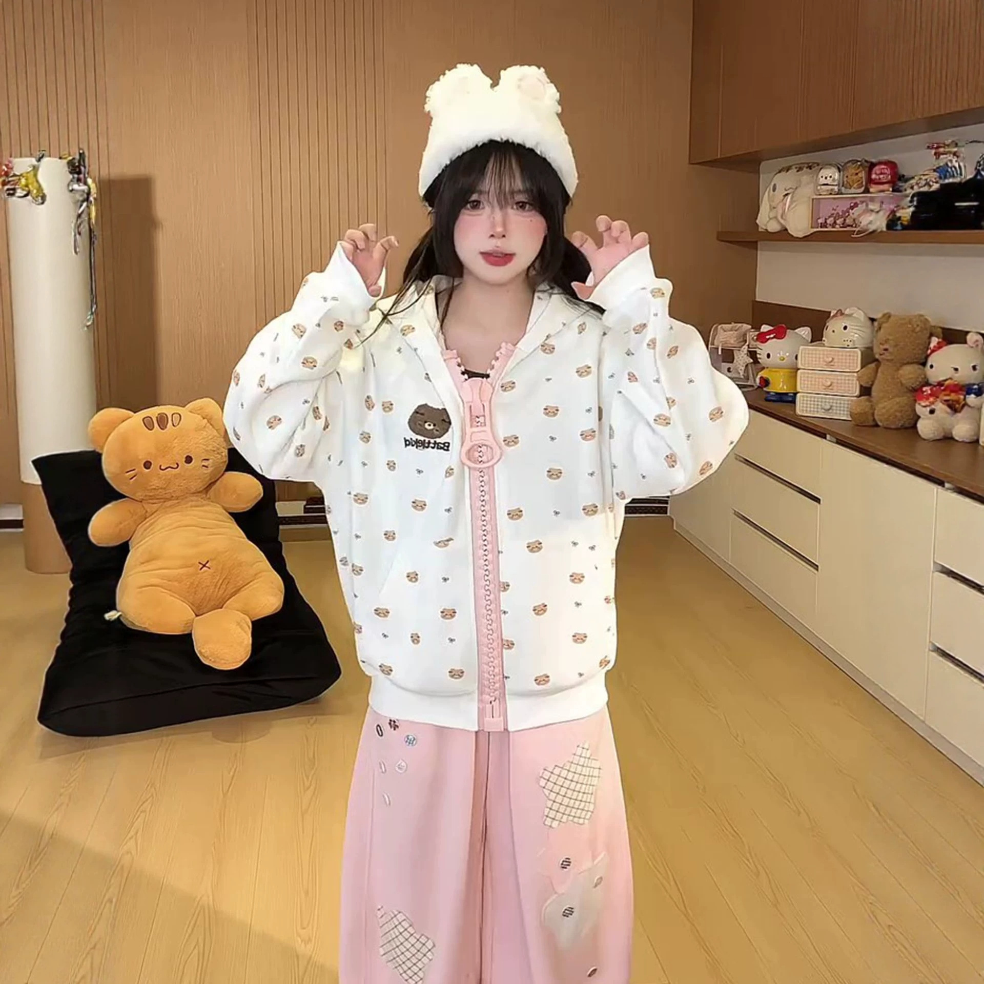 Cute Bear Print Zip-Up Hoodie for Women, Casual Hooded Cardigan Jacket — image 3