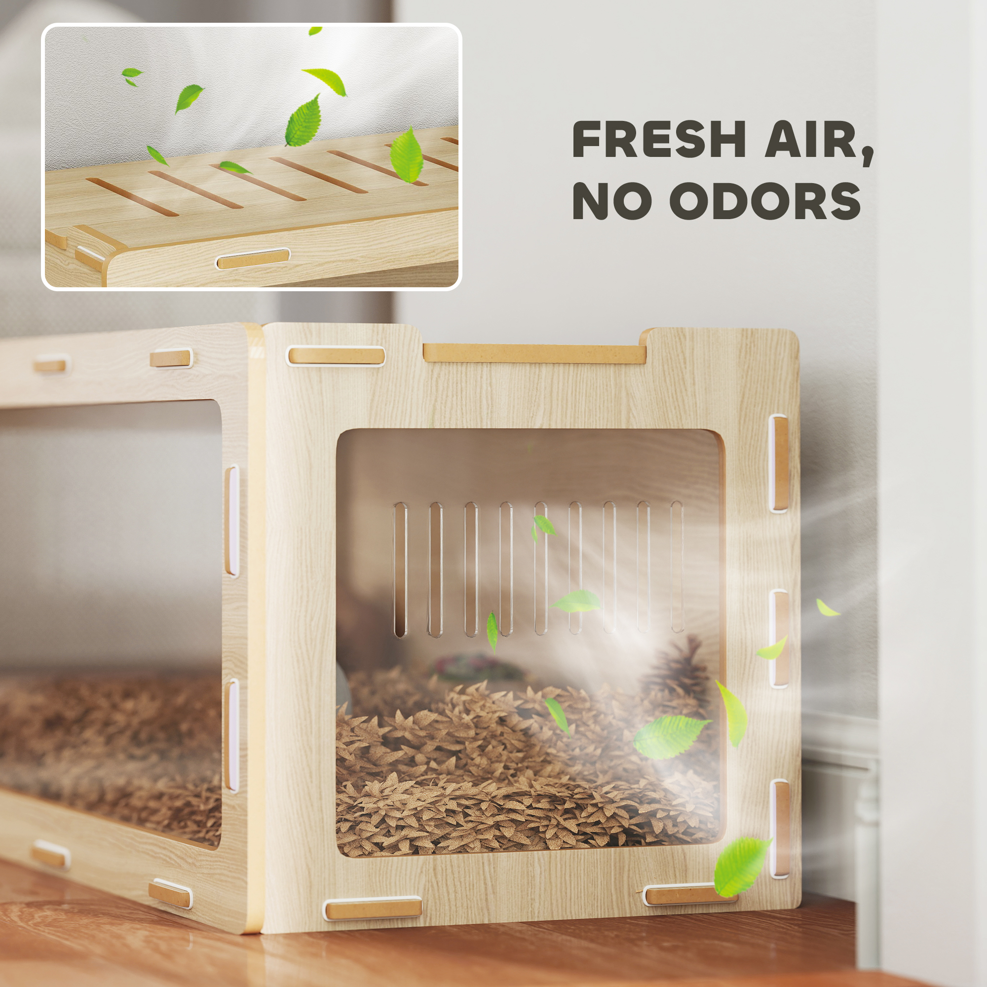 Caja para Hámsters con Paneles Acrílicos de Visión Fácil, Ventilación y Techos Abatibles, para Erizo, Rata, Conejo de Indias, 39" x 20" x 18.5", Roble — imagen 7