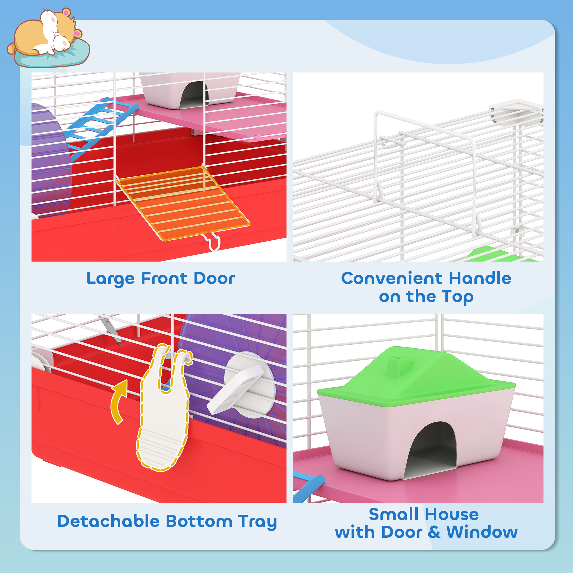 Caja para Hamsters de 46.7 cm con Rueda de Ejercicio y Botella de Agua, Plato, Casa para Ratones y Hábitat Diseño de 2 Plantas Rojo — imagen 8