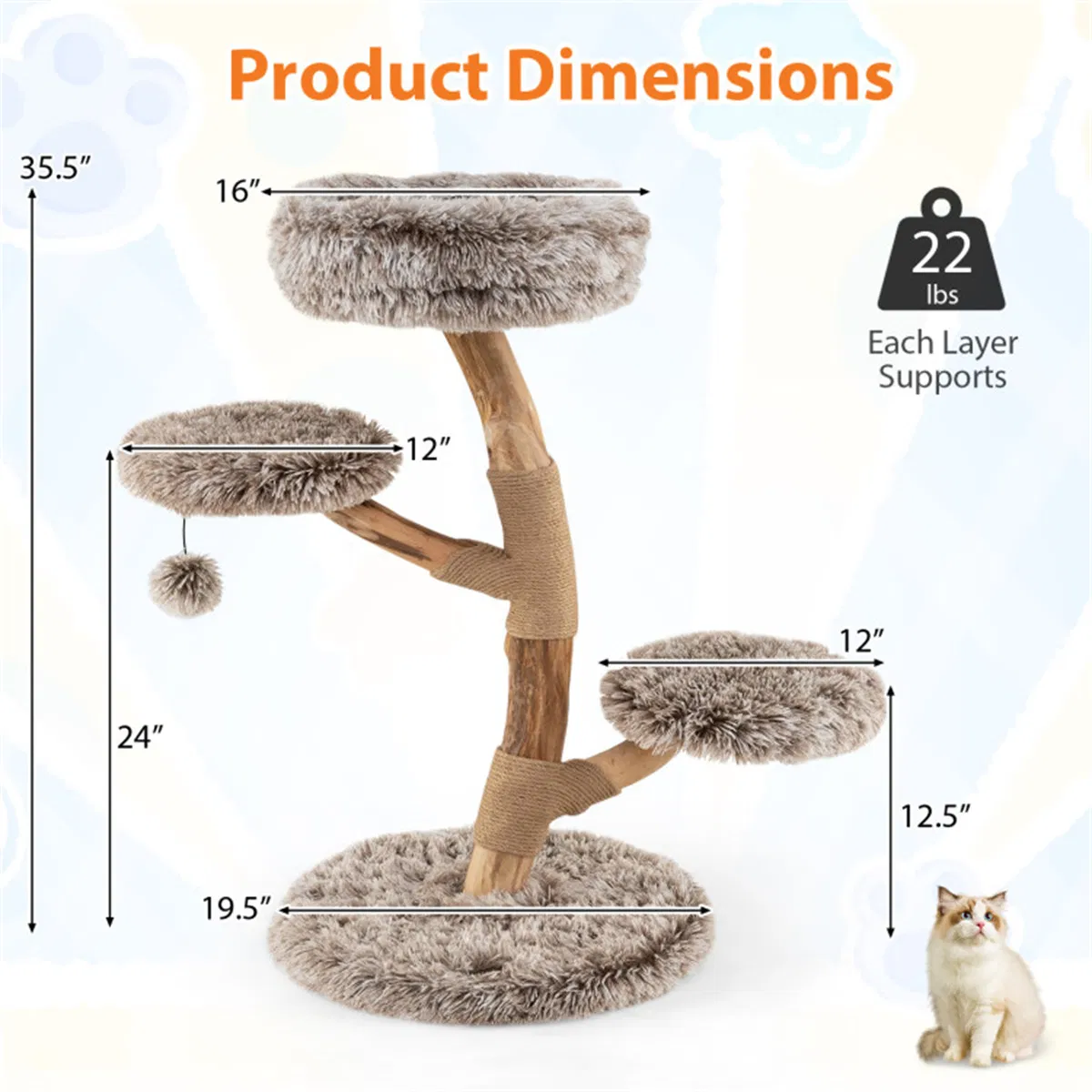 4-Level Natural Pear Wood Cat Tree - 19.5"x35.5", Jute Scratch Posts + Plush Ball, Long Plush — image 8