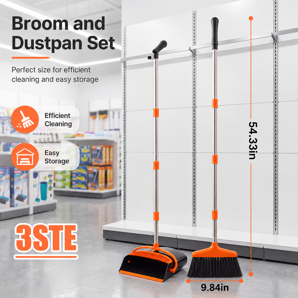 Broom And Dustpan Set, 54.33 Inches Long Handle, Upright Dustpan With Lightweight Stainless Steel Rod, Upright Dustpan, Suitable For Various Scenarios Such As Kitchen, Office And Cleaning Pet Dog Hair — image 1