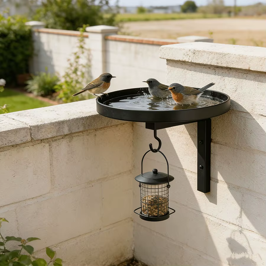 Wall Mounted Wrought Iron Bird Bath Feeder Tray 2 In 1 Outdoor Garden Yard Wall Decor Metal Craft Wild Bird Drinking Feeding Sta — image 2