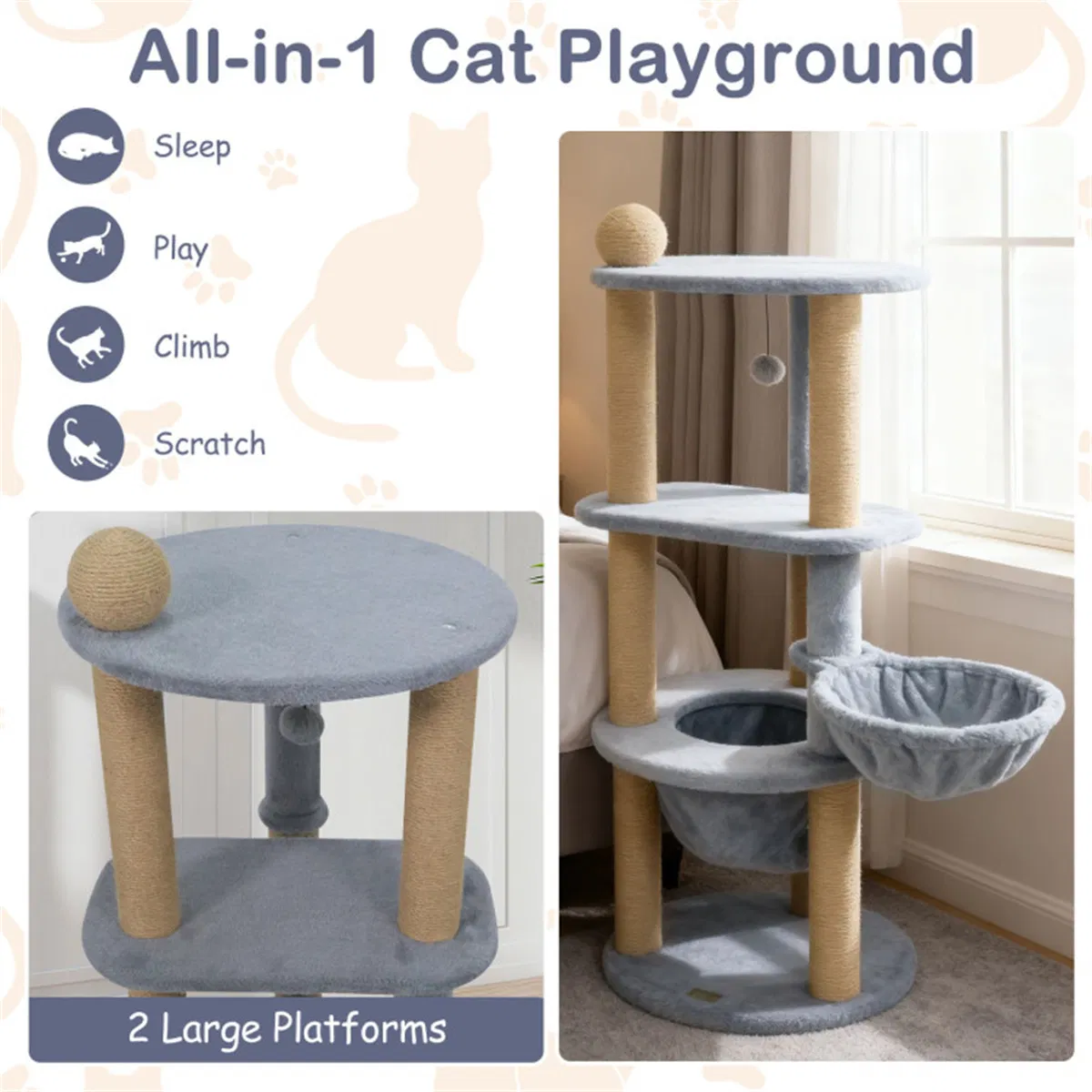 47" Cat Tower with Scratching Posts - Multi-Level Cat Tree for Relax & Play, Light Grey — image 5