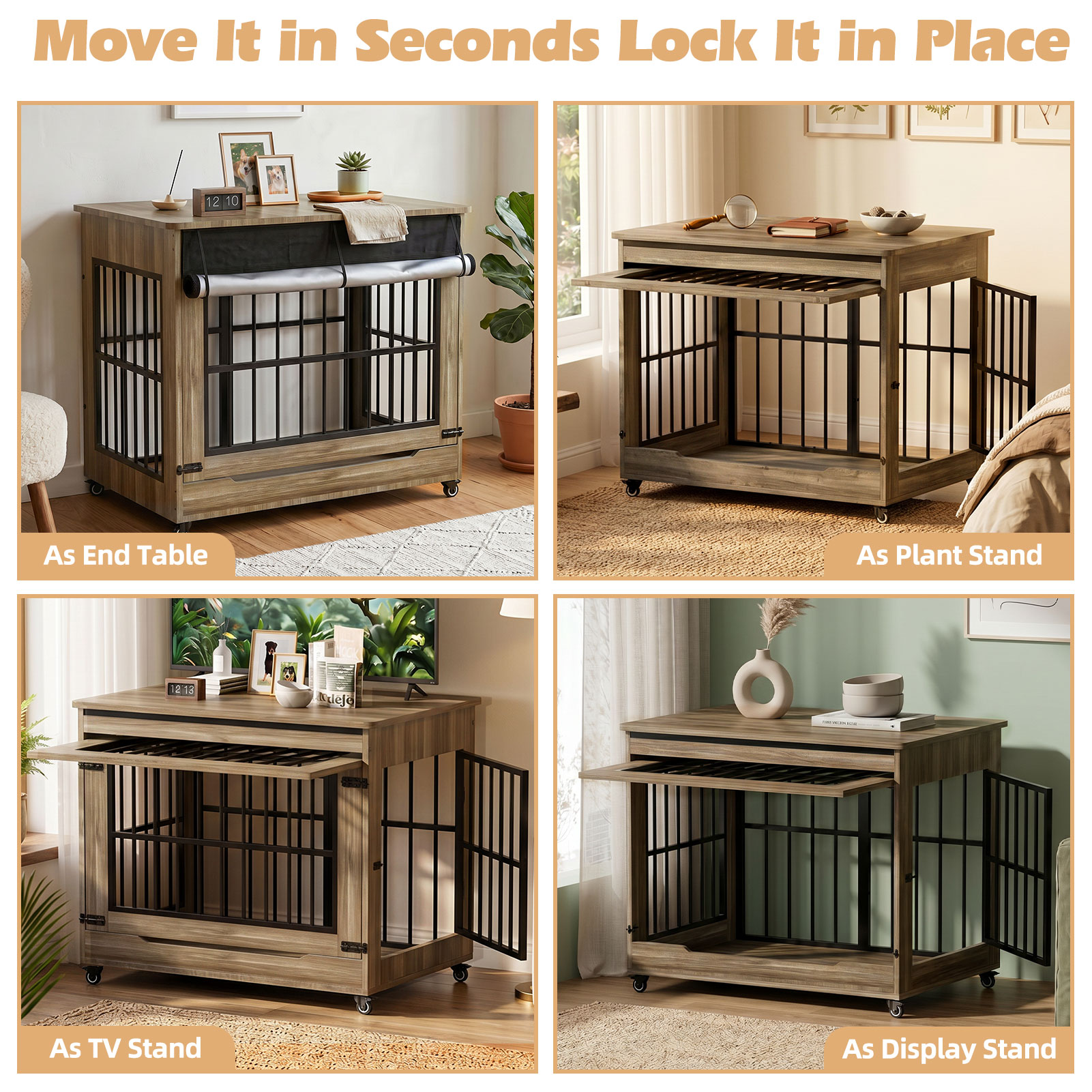 Large Dog Crate Furniture, Double Door Wooden Indoor Dog Kennel Furniture, Decorative Pet Cage End Table With Wheels For Extra Large Breed Dogs, Size 2XL, Greige — image 32