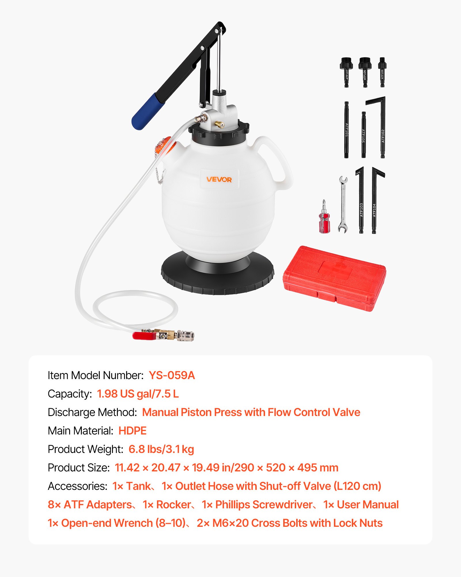 Transmission Fluid Pump, 7.5 L Capacity, Manual Fluid Transfer Pump With 8 ATF Adapters & 47 In Outlet Horse, ATF Refill Kit, Oil Extractor Dispenser With HDPE Tank For Cars, Lawn Mowers — image 1