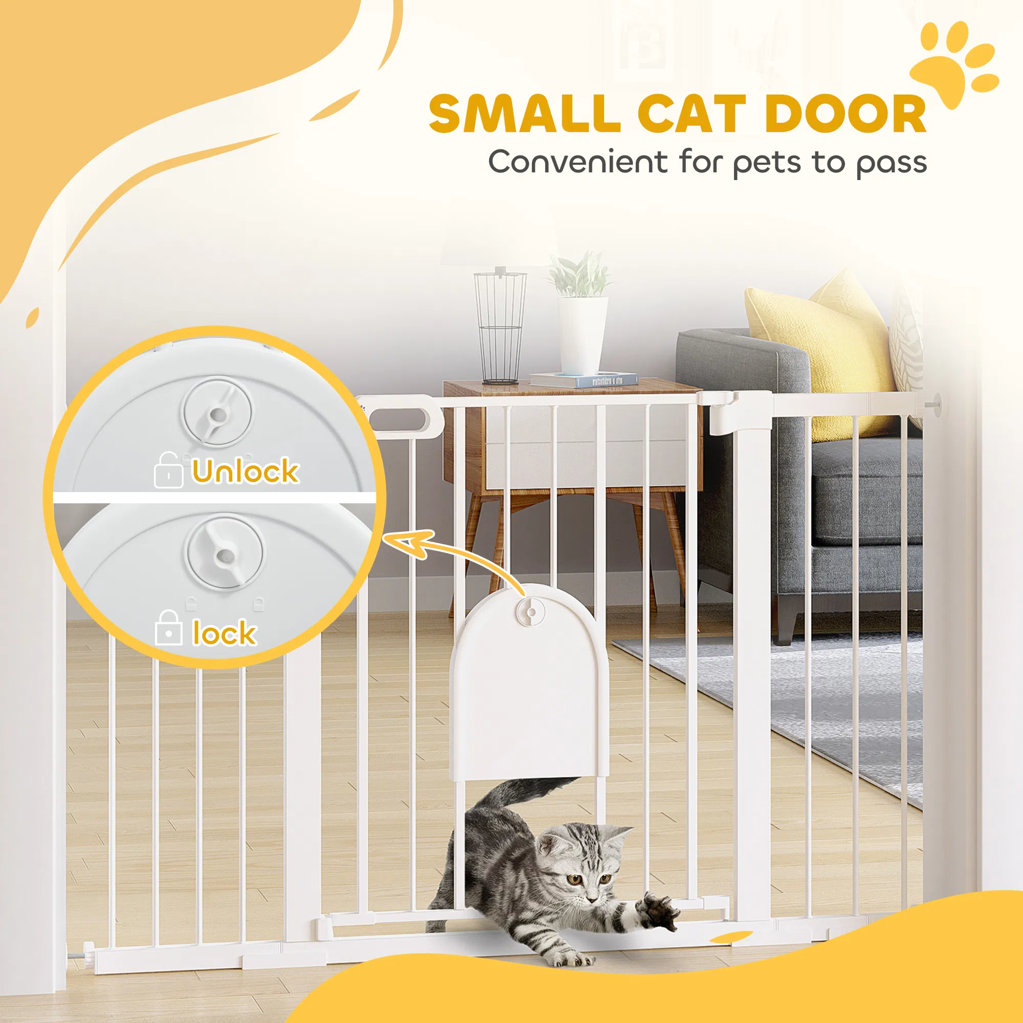 30"-52" Extra Wide Pet Gate Barrier with Small Door, 30"H Dog Gate with Safety Gate Barrier, Stair Pressure Fit, White — image 4
