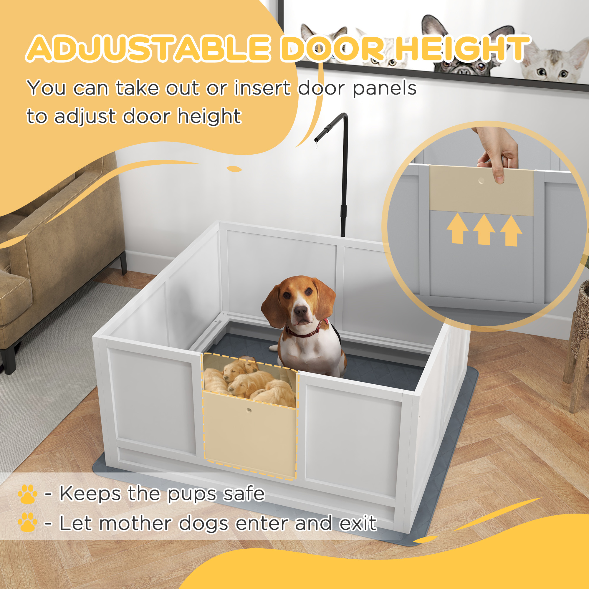 Caja de Parto para Perros con Paño de Orina, Ralla de Cerdo, Puerta Ajustable para Razas Pequeñas, Medianas y Grandes Nacimiento, 41" x 39" — imagen 8
