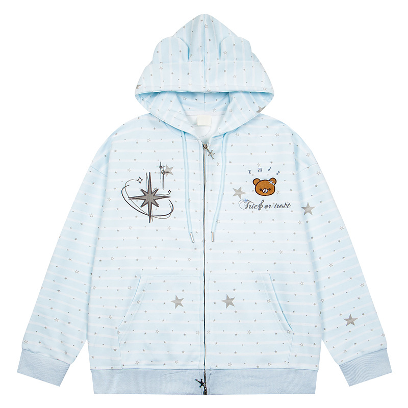 Striped star teddy bear loose shoulder zipper sweatshirt jacket — image 1