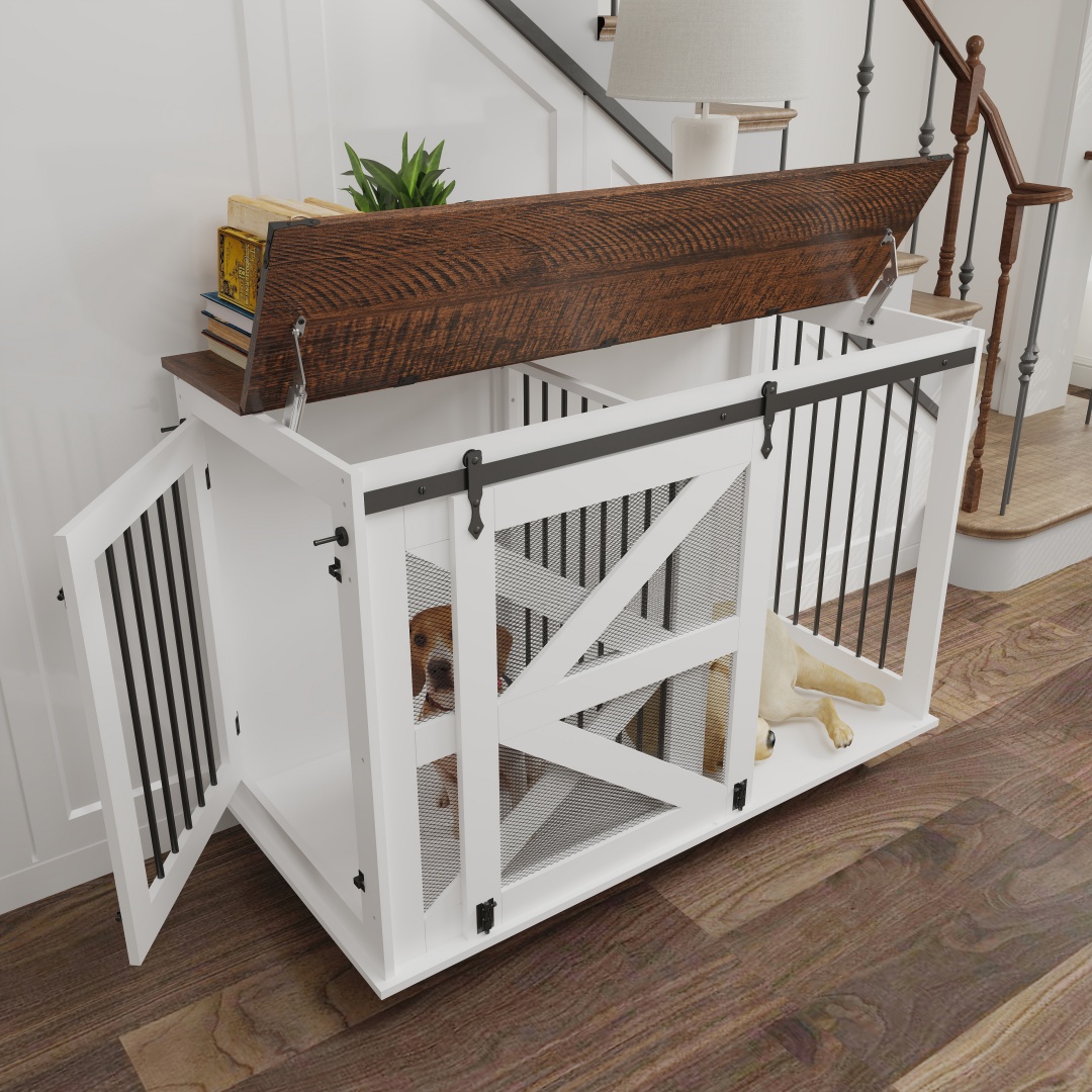47.2 Mobile Dog Crate With Flip-Top Feeding Door, Dual-Access & 5 Caster System 2 Locking, Side Hooks - Multi-Functional Pet Kennel, double Dog Crate Furniture — image 14