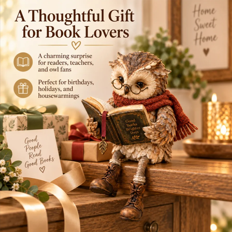 Reading Owl Figurine – Creative Owl Statue with Glasses, Scarf, Boots & Open Book, Bookshelf & Reading Nook Decor Sculpture — image 7