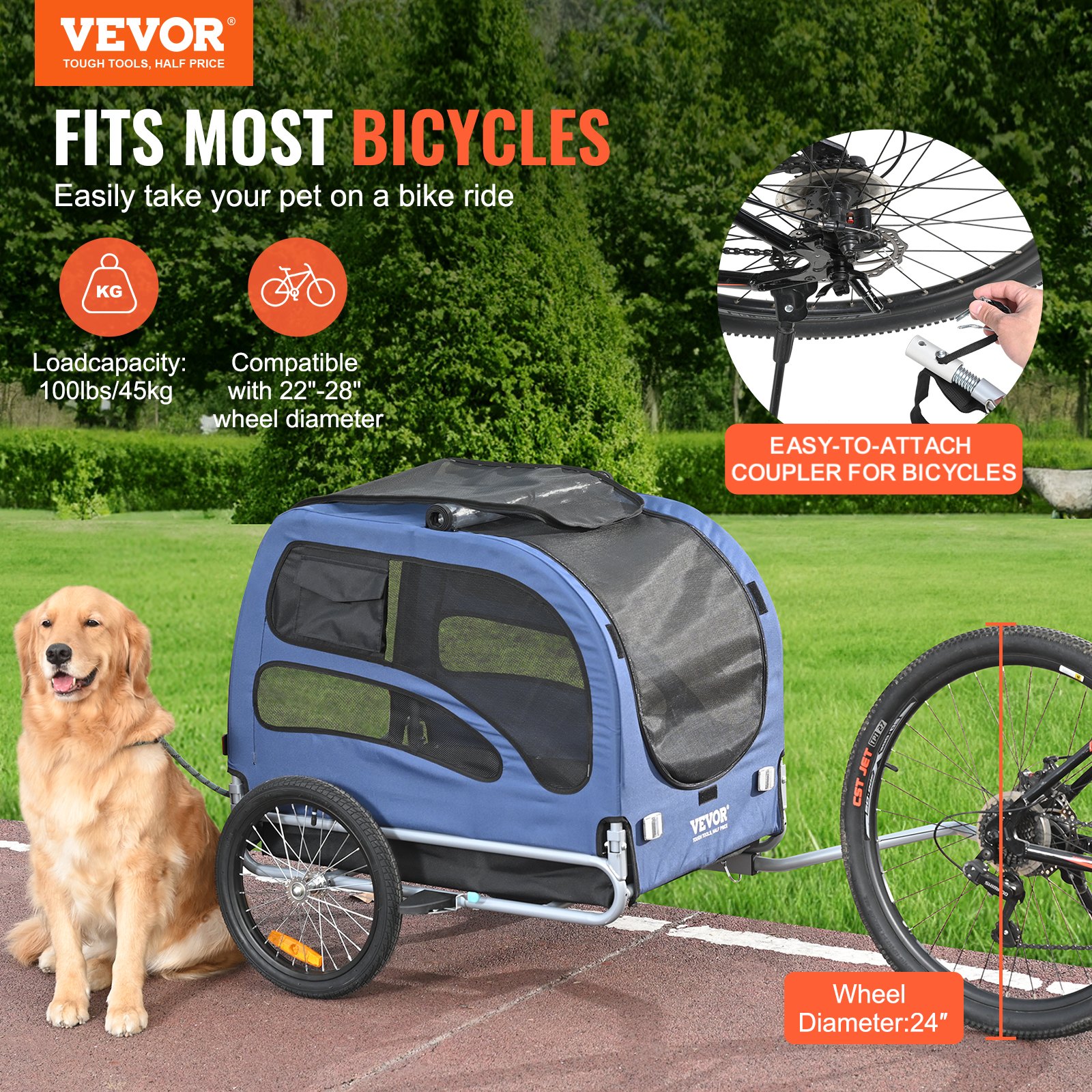 Pet Cart Bicycle Carrier, Easy Folding Frame With Quick Release Wheels, Universal Bicycle Coupler, Reflectors, Flag, Collapsible To Store, Blue Black — image 3