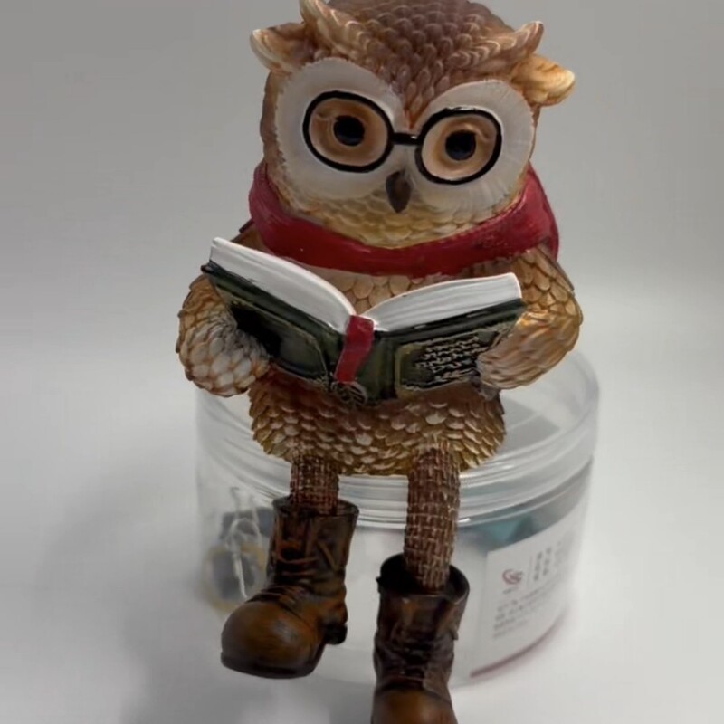 Reading Owl Figurine – Creative Owl Statue with Glasses, Scarf, Boots & Open Book, Bookshelf & Reading Nook Decor Sculpture — image 1