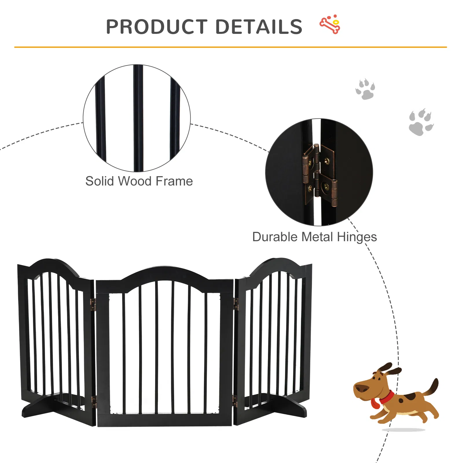 H Foldable Dog Gate, 3 Panels Freestanding Pet Gate Barriers Indoor with Support Feet, Puppy Fence for Small Dogs, Black — image 6