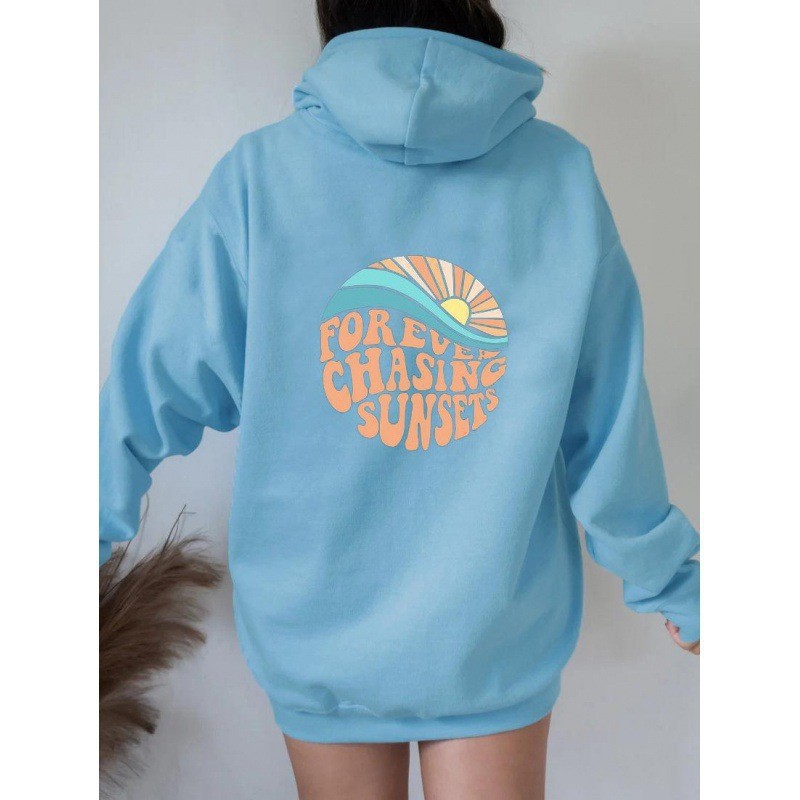Sunset Print Kangaroo Pocket Drawstring Hooded Women's Fleece Sweatshirt — image 3