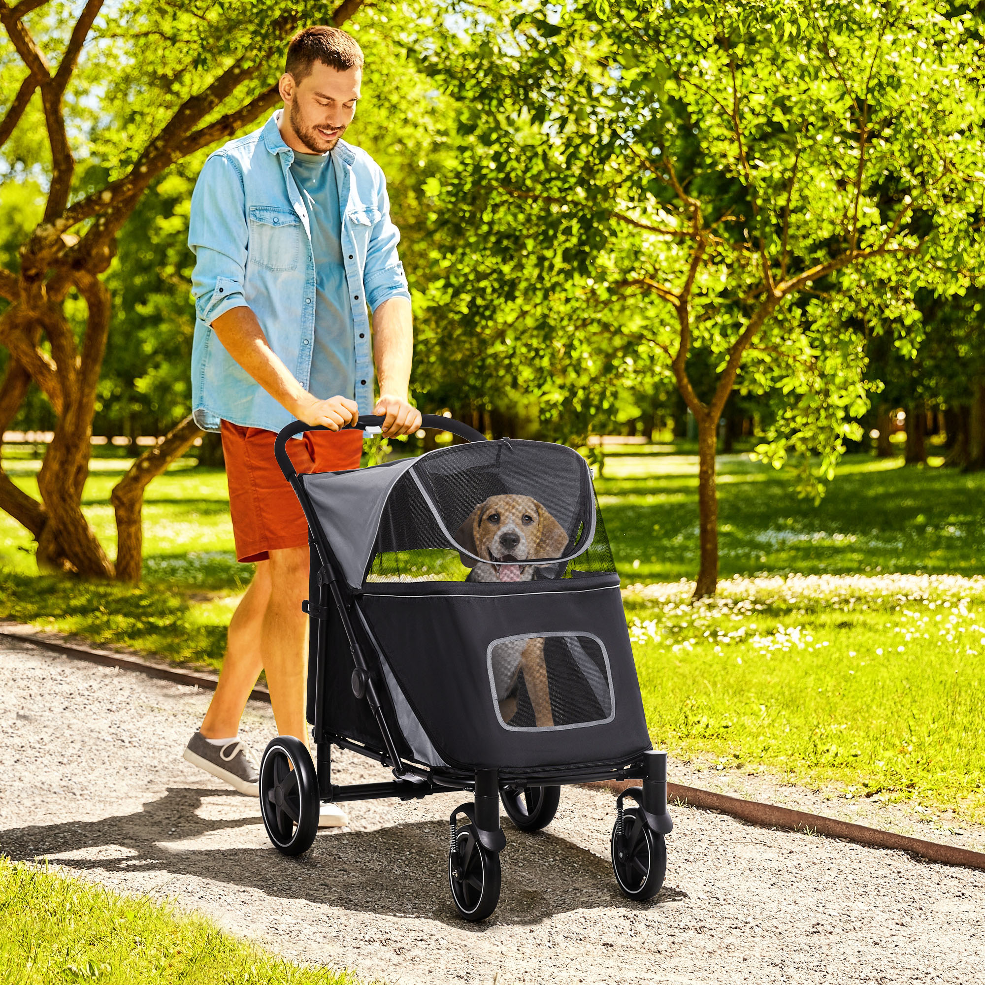 Dog Stroller For Large Medium Small Dogs Up To 66 Lbs. 23.5" In Body Length, One-Click Foldable Pet Cat Stroller With Storage, Shock Absorption Wheels, Mesh Window, Safety Leash, Gray — image 1