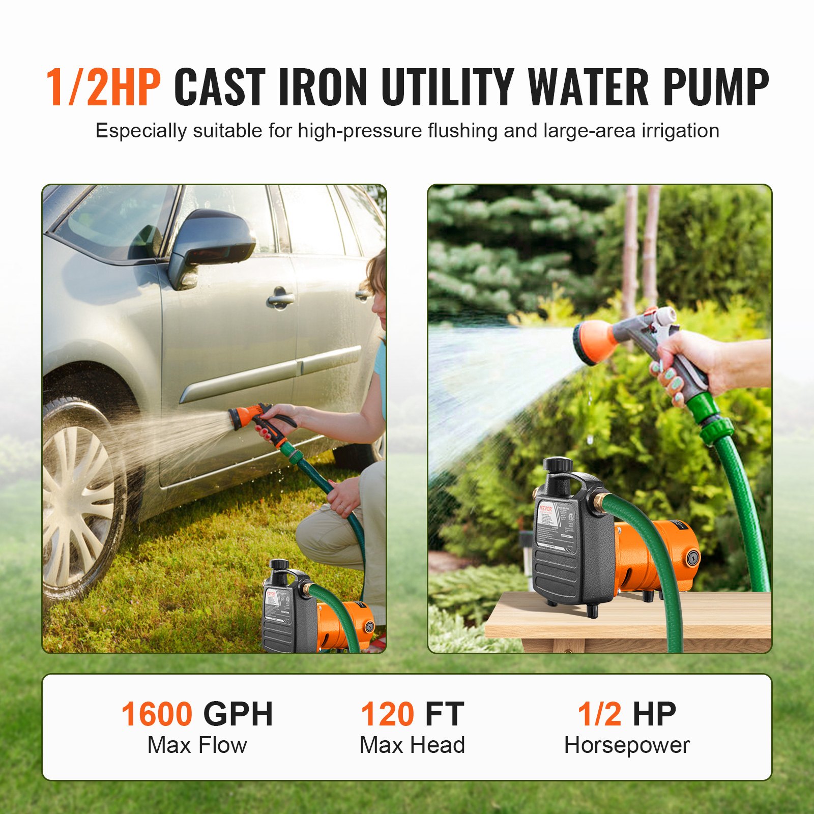 Pompa de Transferencia de Agua en Hierro Fundido, 115V AC 1600 GPH 1/2CV, Bomba Eléctrica Portátil con Púas de Carbono, Filtro, Conectores de Latón, Para Jardín, Cisterna de Lluvia, Piscina, Estanque, Baño de Agua Caliente, Vaciado de Acuario — imagen 3