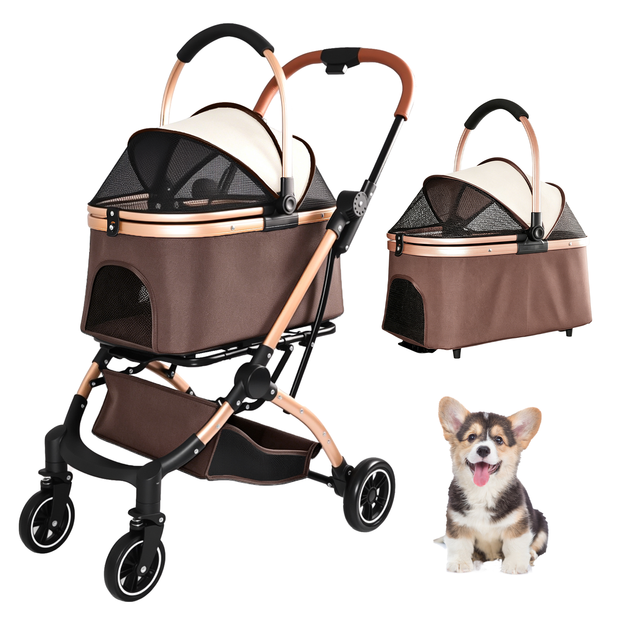 Muleta para Mascotas 2 en 1: Carruaje de 4 Ruedas Reversible con Canasta de Almacenamiento y Sombrilla Solar (Khaki + Oro) — imagen 1