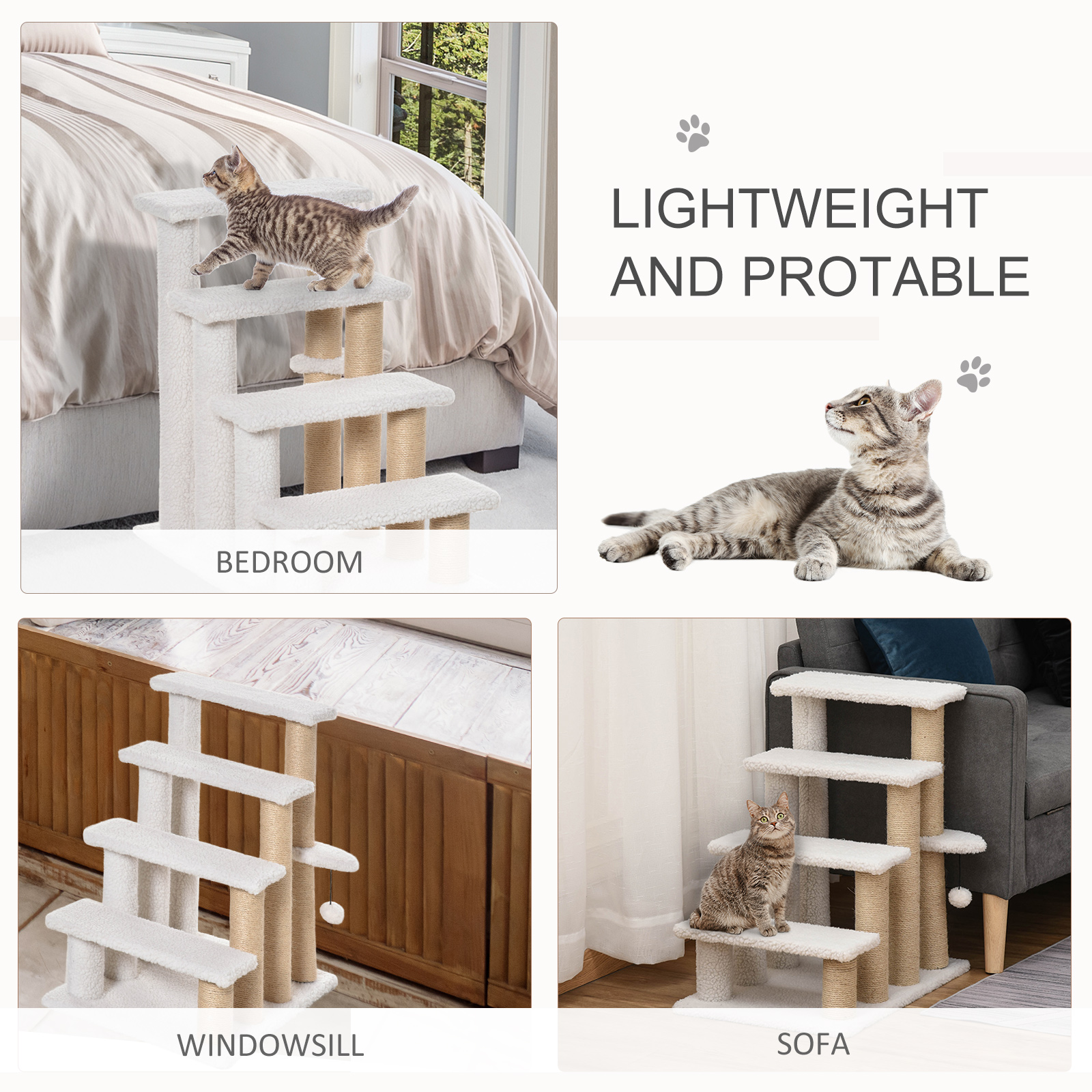 Escalones para Gatos de 4 Niveles con Postes Rascadores para Cama Alta, Sofá, Blanco — imagen 2