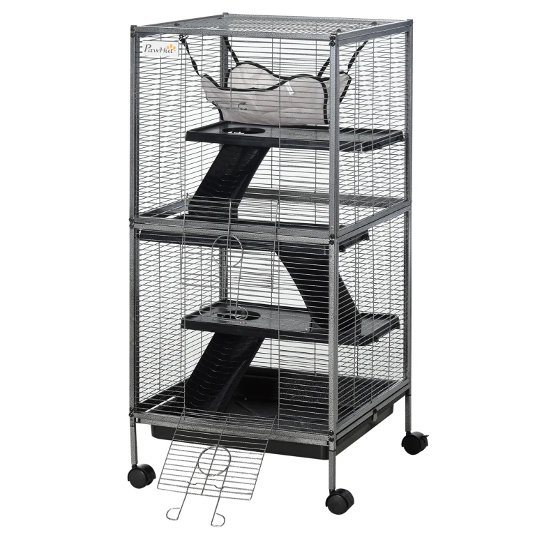 PawHut Metal Small Animal Cage Rolling Big Ferret Cage, Chinchilla Cage, Sugar Glider Cage, With Hammock & 4 Tiers, Removable Tray, Gray — imagen 10