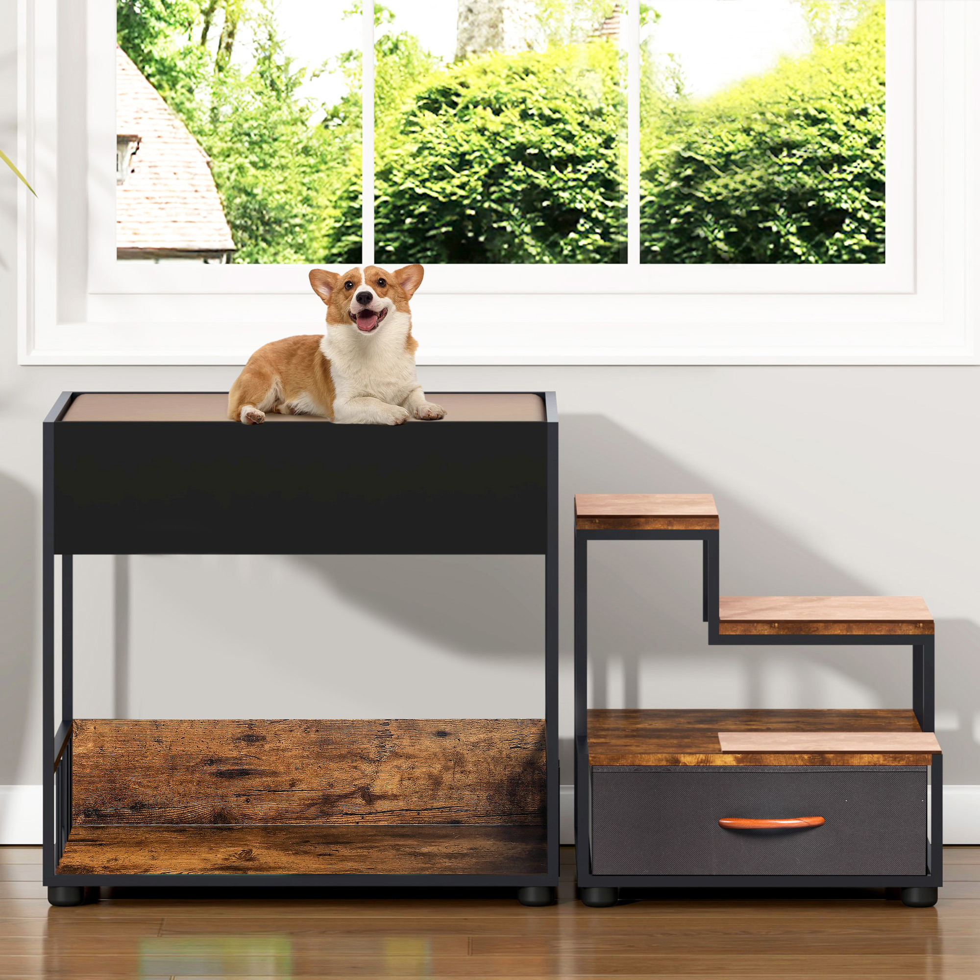 Percha de Ventana para Perros con Escaleras, Cama Elevada Multi-Niveles con Esponja y Almacenamiento, Diseño Vintage — imagen 1