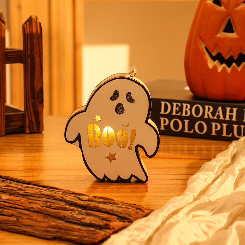 Halloween Decoration Pumpkin Lantern Wooden Skull Spider Halloween Scene Hanging Ornament Night Light — image 10