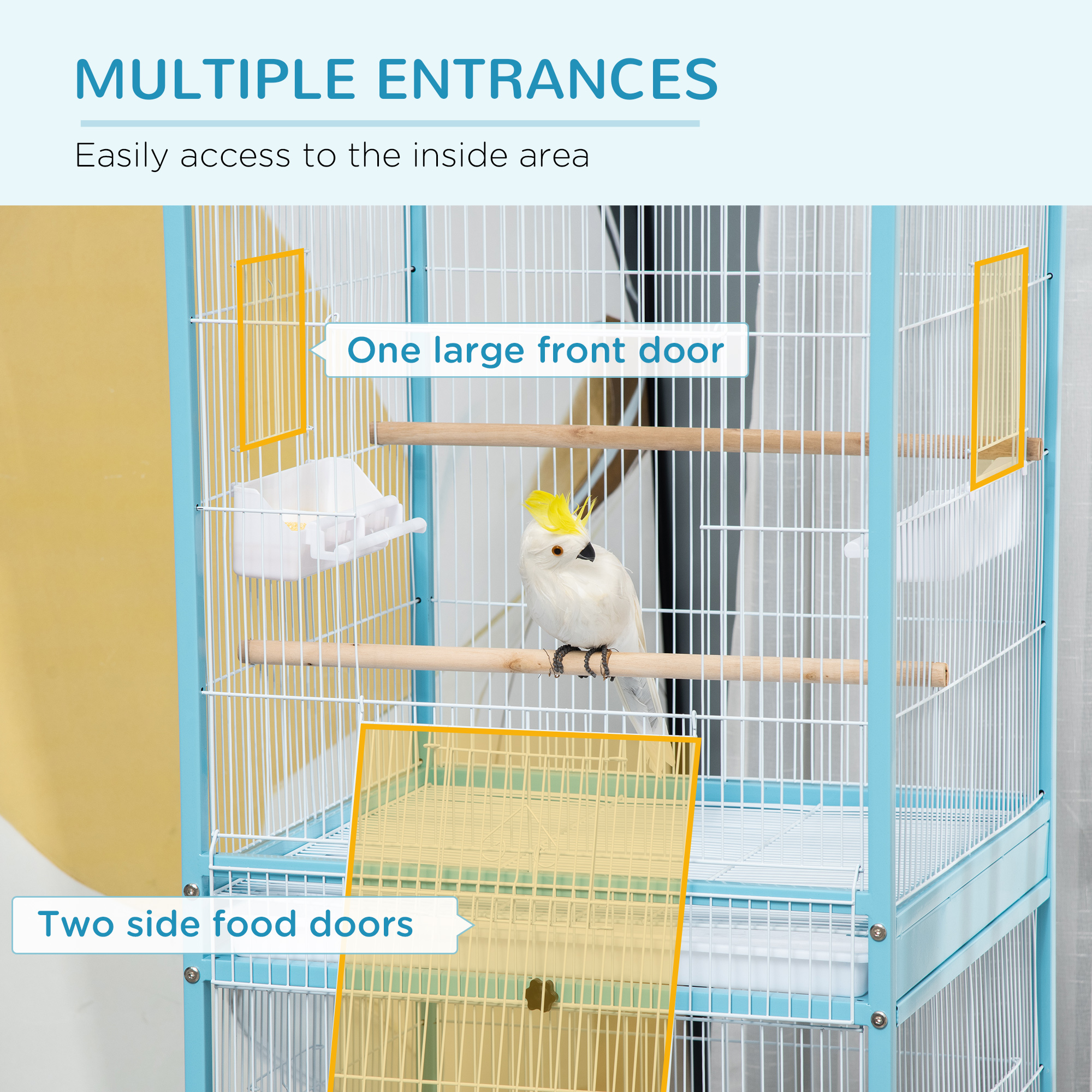 55" 2 In 1 Bird Cage Aviary Parakeet House For Finches, Budgies With Wheels, Light Blue — imagen 2