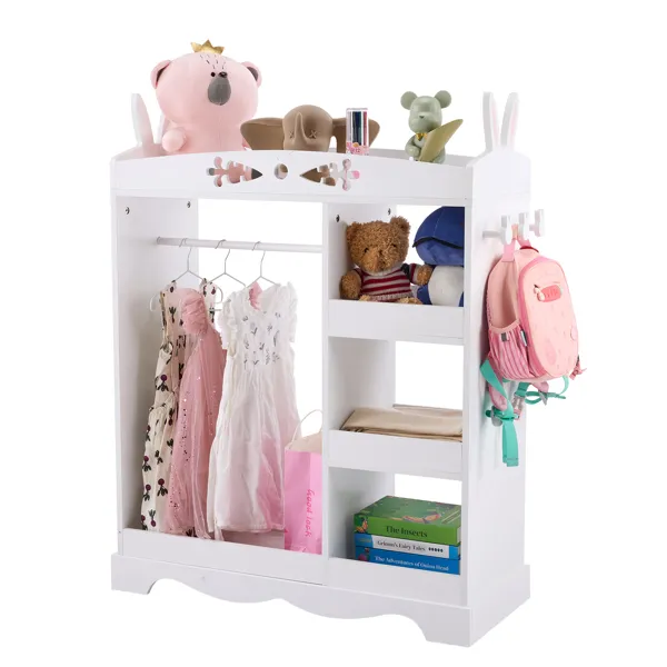 White MDF + Particleboard Children's Wardrobe With 1 Mirror, 3 Shelves, And 1 Clothes Rod; Rabbit Ear Design — imagen 4