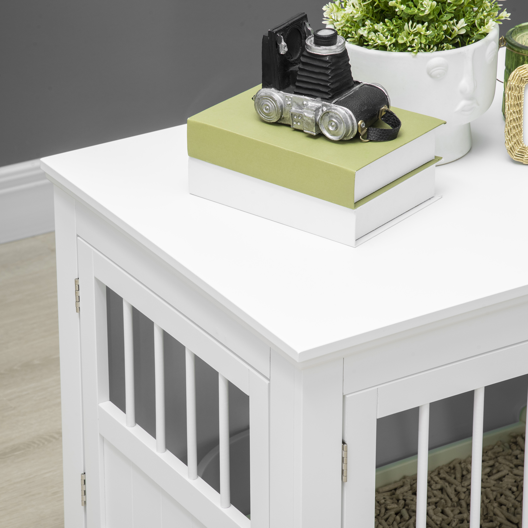 Mesa de Perro con Caja de Madera, Tablero con Tres Puertas para Canes Pequeños, Color Blanco — imagen 6