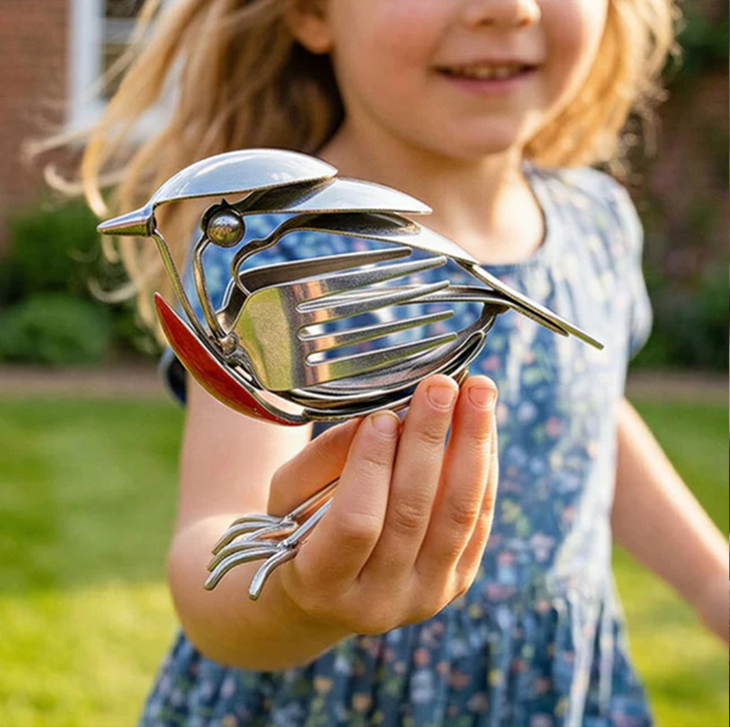 Escultura de Pájaro Mockingbird - Arte Metálico Manual con Cuchara y Tenedor Reciclados para Decoración en Hogar y Oficina — imagen 1