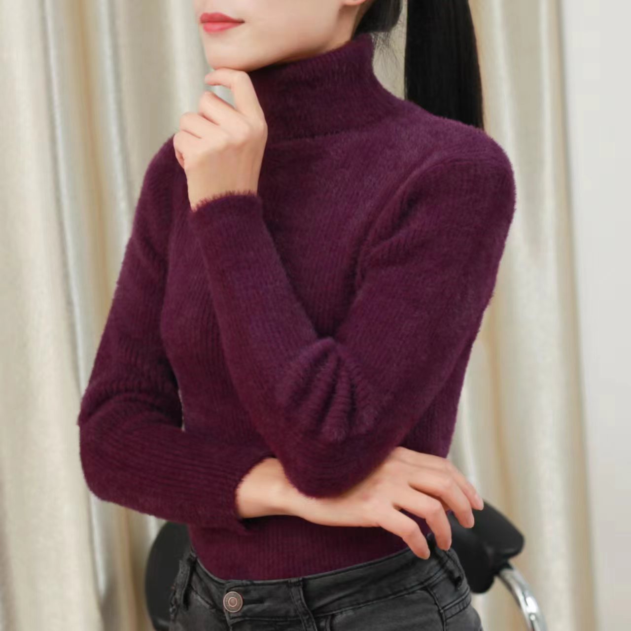 Women's Long Sleeve High Neck Slim Fit Thickened Faux Mink Knit Sweater — image 15