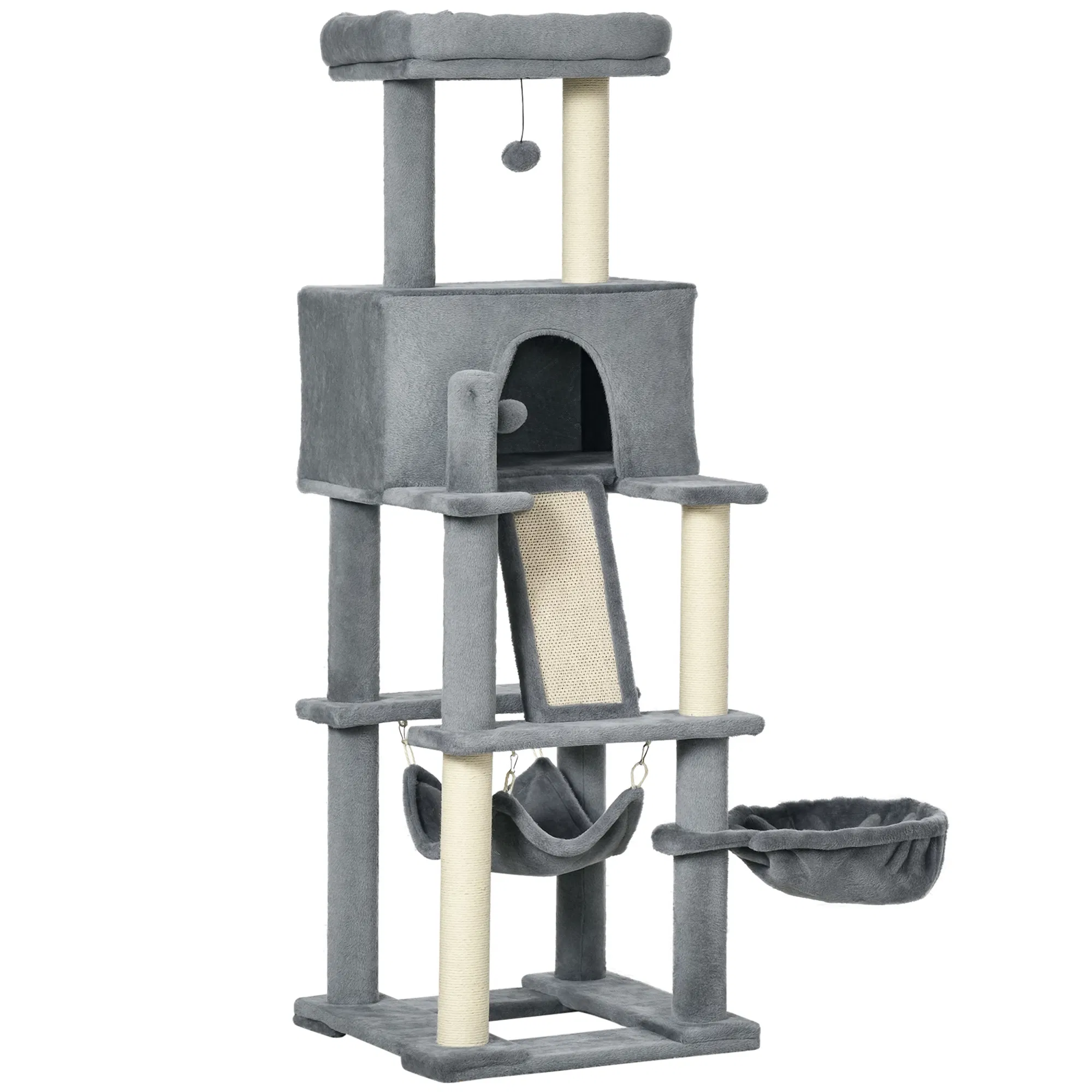 55" Cat Tree for Indoor Cats, Cat Tower, Kitty Activity Center with Cat Bed Ramp Condo Hammocks Hanging Ball Toys Sisal Rope Scratching Post, Grey — image 1