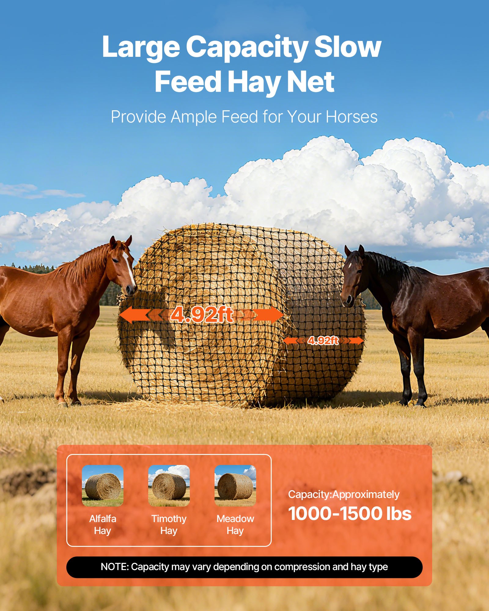 Round Bale Hay Net, 4.92 X 4.92 X 4.92 Ft, 1.75 Inch Holes, PE Material, Reinforced Knotted Design, With Zip Ties, Needle Shuttle, And Repair Twine, Slow Feeder Round Bale Net For Horses — imagen 4