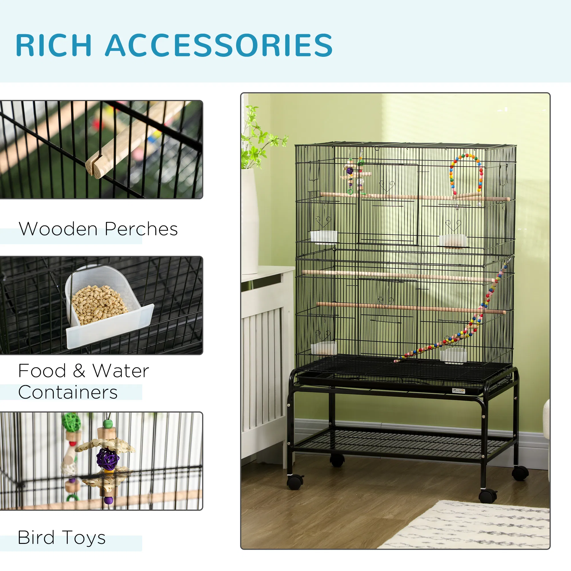 52" Bird Cage with Rolling Stand, Toys, for Budgies Canaries Black — image 5